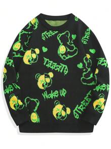 Chillumni Men's Casual Letter & Cartoon Bear Pattern Round Neck Long Sleeve Sweater, Autumn/Winter - Black - View 1