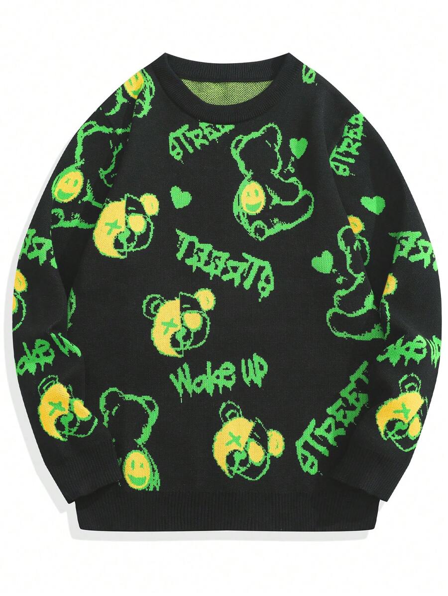 Chillumni Men's Casual Letter & Cartoon Bear Pattern Round Neck Long Sleeve Sweater, Autumn/Winter - Black - View 1