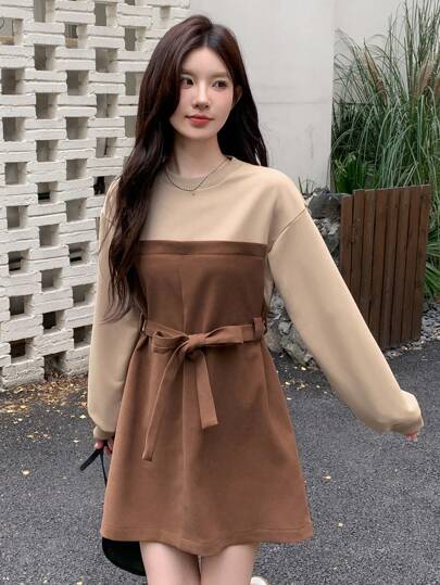 DAZY Women's Solid Color Splice Round Neck Long Sleeve Front Tie Casual Short Skater Dress,Fall Dress