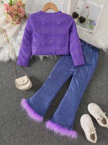 Bộ 2 món áo crop top ngắn tay raglan thời trang thường ngày cho bé gái và quần jeans cạp cao in họa tiết quần loe, phù hợp cho mùa xuân và mùa thu - Màu tím - Xem 2