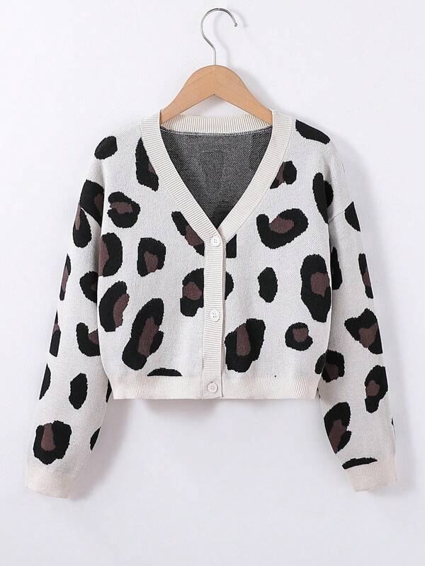 Cárdigans gruesos estilo jacquard con estampado de leopardo para niñas preadolescentes, apropiados para el otoño/invierno, excelentes para la escuela y salidas casuales