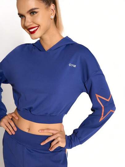 SHEIN Sports 女式字母印花简约休闲连帽衫运动连帽衫运动衫，长袖，适合学校和啦啦队、运动游戏