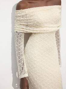 Maija Women's Elegant Cream White Textured Lace Bodycon Dress,Autumn Off Shoulder Semi-Sheer Long Sleeve Fitted Waist Dress For Casual Dining&Office Wear - Apricot - View 3