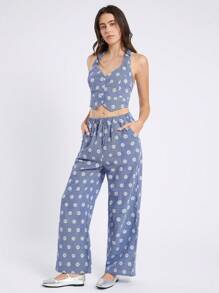 Comfortcana Women's Blue & White Plaid Daisy Embroidered Print Halter Tank Top And Relaxed Casual Pants Set In Fall/Winter
