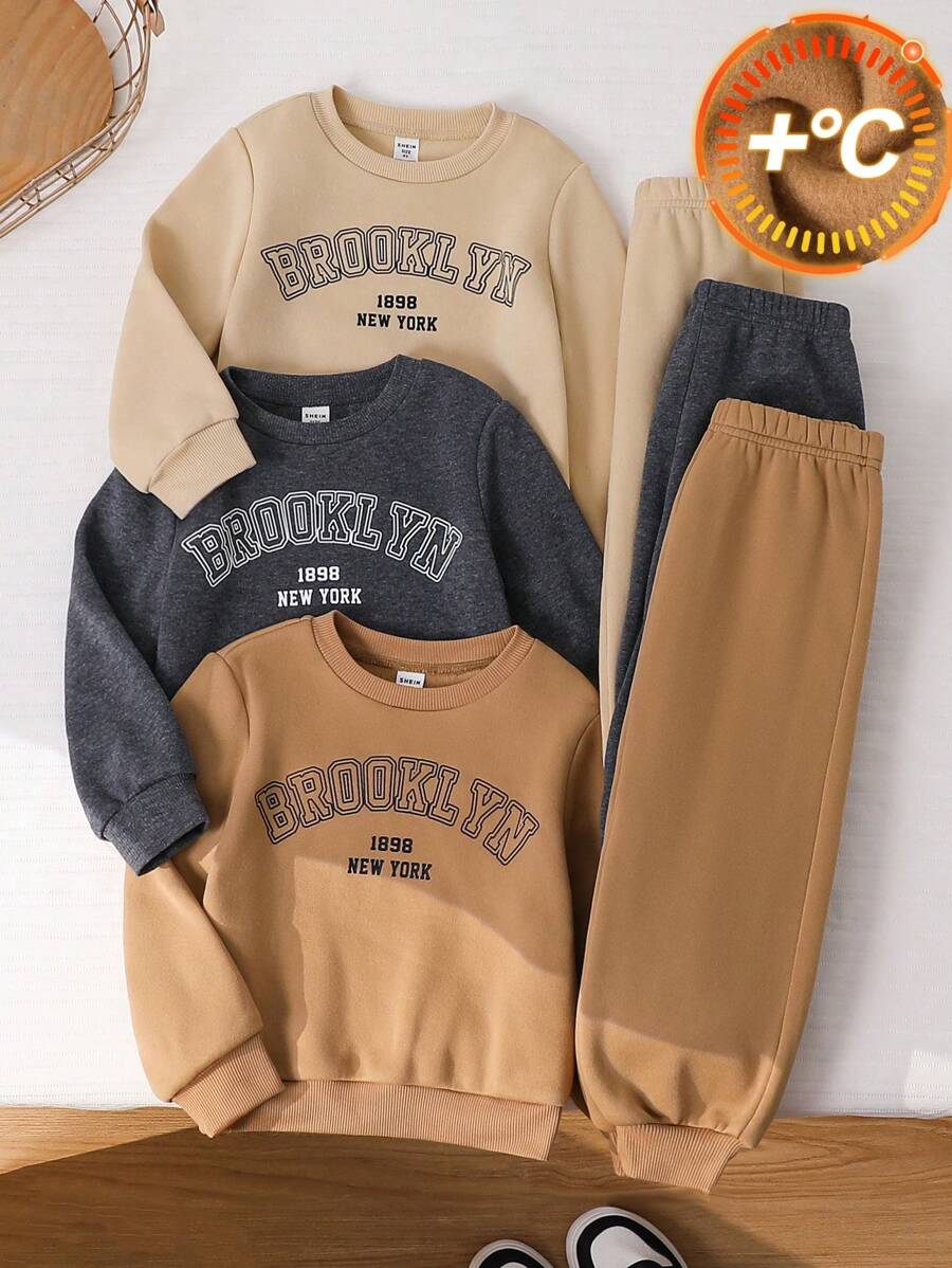 6 piezas Conjunto informal de sudadera y pantalón de chándal suelto con estampado de letra de unicolor para niña joven