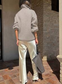 DAZY Áo khoác cardigan dài tay rộng rãi màu trơn cổ bẻ cho nữ, quần áo mùa thu cho nữ - Màu Khaki - Xem 2