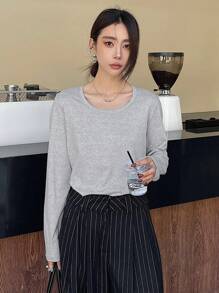 DAZY Camiseta casual de manga larga con cuello redondo de un solo color, versátil, para mujer
