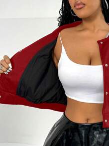 Maweii Plus Size Women Contrast Color Striped Letter Print Long Sleeve Single Breasted Casual Baseball Jacket, Autumn For New Year Clothes - Red - View 6