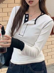 DAZY 女士圆领拼色休闲内衣 T 恤，秋季