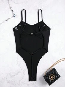 Swim SXY 1 pièce de maillot de bain sexy pour dames avec un dos nu croisé en tissu brillant noir unicolore pour l'été
