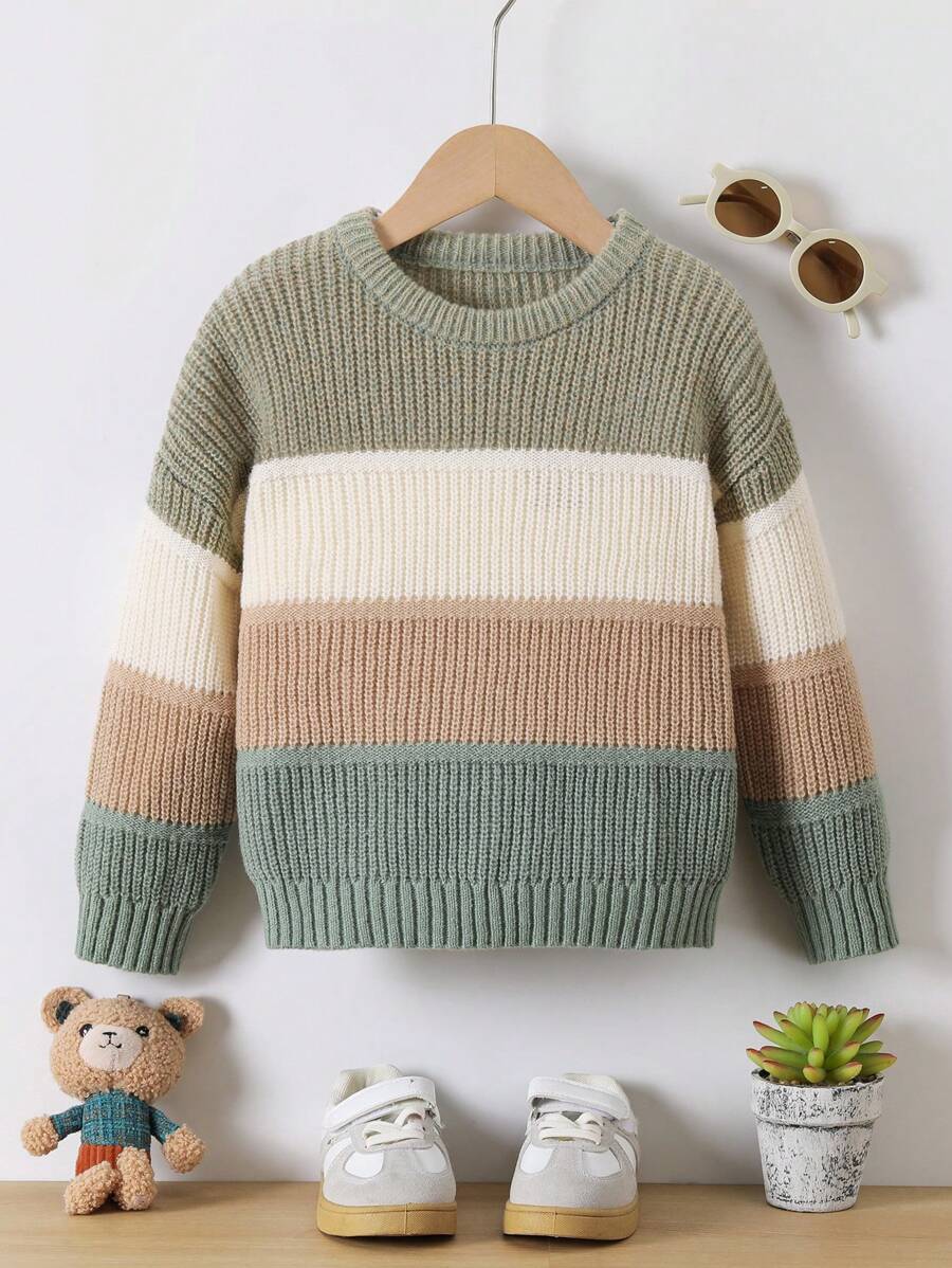 SHEIN Vintaside Kids Suéter grueso de niño casual con bloques de color, rayas anchas y patchwork, versátil y adecuado para otoño/invierno