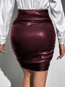 SHEIN Tall Women's Solid Color Pleated High Waist PU Leather Bodycon Mini Skirt