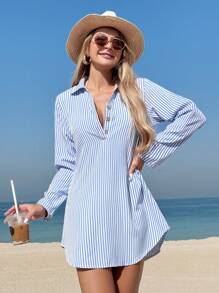 Swim Vcay Beach Dresses For Women Women's Mid-Length Striped Shirt Dress With Cuffed Sleeves Summer