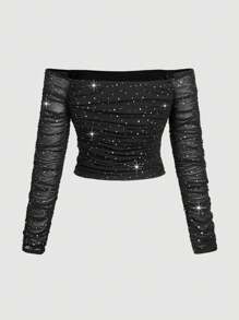 SHEIN MOD 1pc Women Plus Size Off-Shoulder Mesh Long Sleeve Casual Blouse, Everyday Wear,Valentine Day