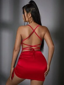 SHEIN SXY Women's Sexy Solid Color Criss-Cross Backless Drawstring Ruched Bodycon Spaghetti Strap Mini Dress, Summer, Woman Dress,Prom Dress - Red - View 2