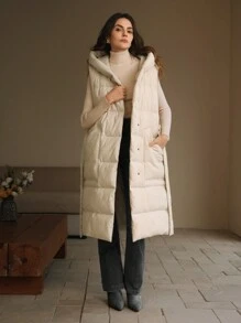 Anewsta Thick Long Sleeveless Waist-Drawn Horizontal Seam Vest Women's Coat