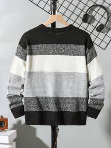 SHEIN Explorewe Tween Boys' Striped Knit Sweater In Simple Black, White And Gray Houndstooth Pattern, Versatile For Autumn/Winter Wear - Multicolor - View 2