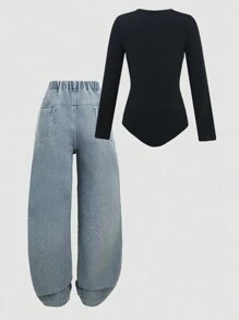 SHEIN Mono negro ajustado y jeans casuales de pierna ancha con cintura asimétrica suelta, diseño versátil de moda para uso diario para adolescentes chicas