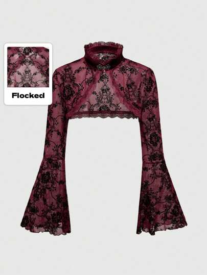 Goth جاكيت جوتيك للنساء بأكمام عريضة قابلة للانفتاح وزخارف نباتية ملتصقة بالقماش