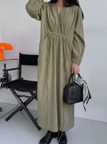 DAZY Women's Solid Color V-Neck Drawstring Pocket Loose Long Sleeve Dress, Spring/Summer/Autumn - Olive Green - View 5