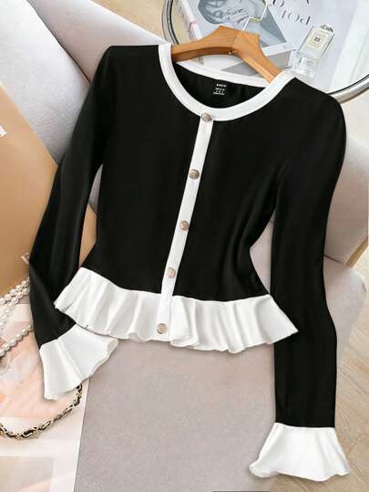 Opuloom Camiseta casual y elegante para mujer de otoño/invierno, de estilo corto con cuello simulado de botones, manga larga, cuello redondo, diseño de patchwork de bloques de color en puños, bajo y mangas abullonadas, de tela de punto en negro y albaricoque, camisetas gráficas elegantes para mujer en primavera