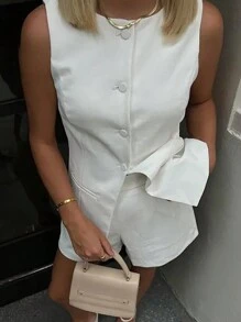 INAWLY Set de 2 piezas casual de mujer con chaleco de cuello redondo monobotonado de unicolor y pantalones cortos sueltos