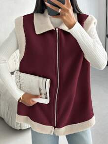SHEIN Privé Chaleco sin mangas con cremallera de borrego sintético de moda básica para mujer, cálido para otoño/invierno - Burdeos - Ver 3