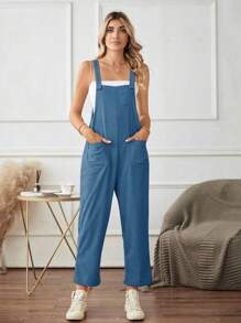 Chiquease 純色口袋貼片連身褲（無吊帶上衣） - 寶藍色 - 查看 7