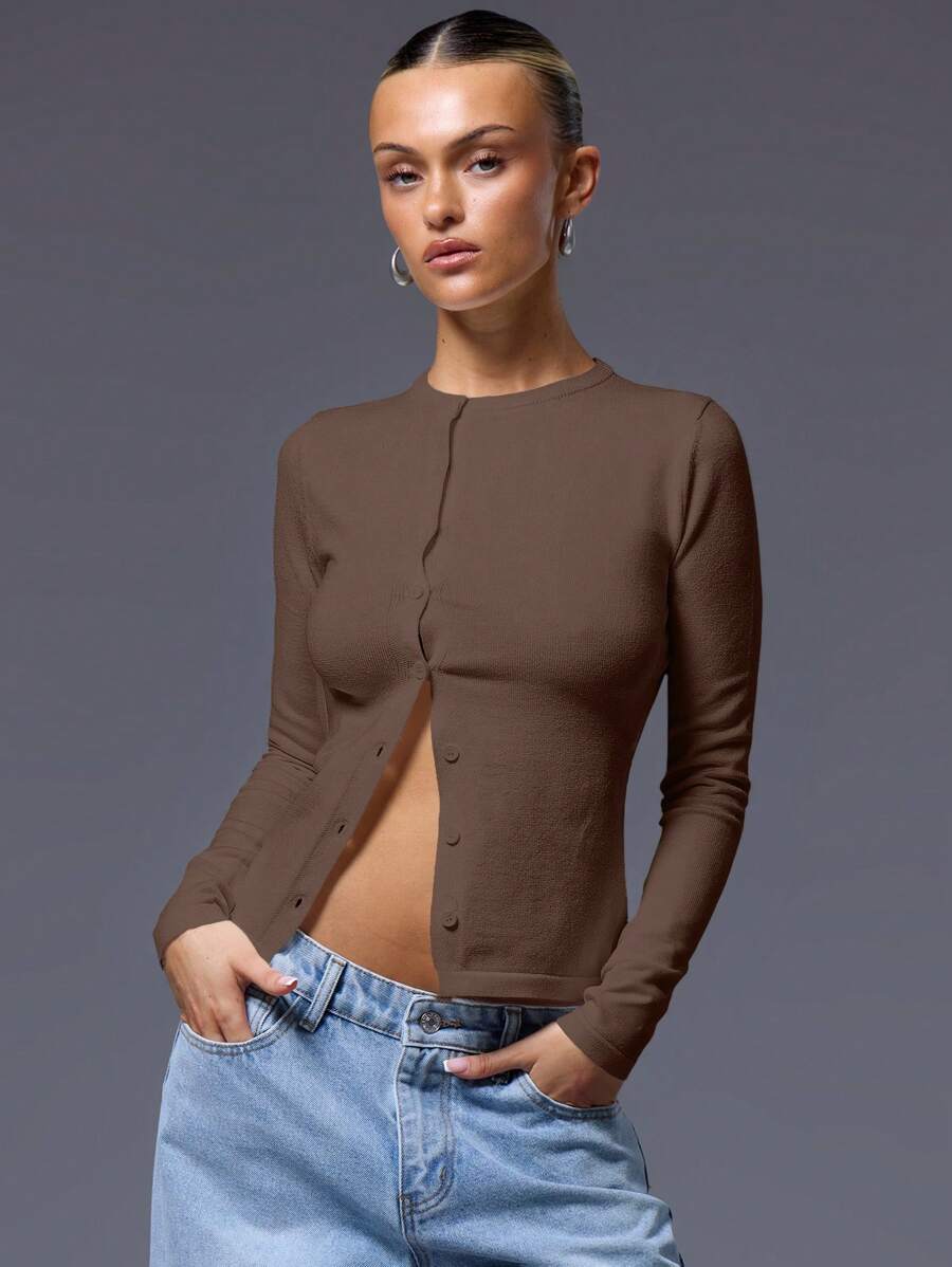 MUSERA Button Down Long Sleeve Knit Top Sweater For Spring Y2K 90's Casual Cute Airport Holiday Winter Everyday Office Work Chic Spring - Chocolate Brown - View 1