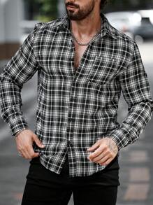 Manfinity LEGND Camisa casual de manga larga con botones delanteros, bolsillo parche y estampado de cuadros, camisa de salida con cuello casual, versátil para hombres