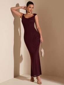 SHEIN BAE Elegante vestido ceñido de color burdeos sexy con espalda descubierta, tirantes cruzados y volantes en el bajo, adecuado para citas diarias, salidas, reuniones en clubs nocturnos y fiestas