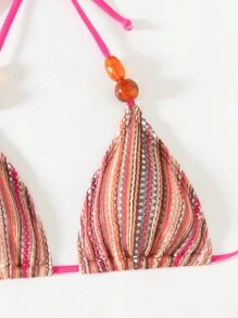 SHEIN Swim 3pcs/Set Multicolor Beaded Tassel Accessory Short Knitted Mini Skirt, Bohemian Style Beach/Bikini Set Summer