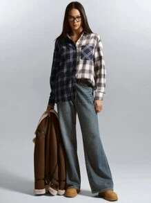 Aveloria Affinna Blusa de manga larga con diseño asimétrico a cuadros, suelta y oversize con hombros caídos, estilo casual y versátil, con un aspecto relajado y elegante, que se puede usar sola o como camisa abotonada, para mujer, ideal para el Día de San Valentín, primavera/verano