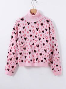 SHEIN Explorewe Tween Girls 粉色豹纹心形朋克风格毛衣，适合秋冬季节街头穿着和外出 - 彩色 - 查看 1