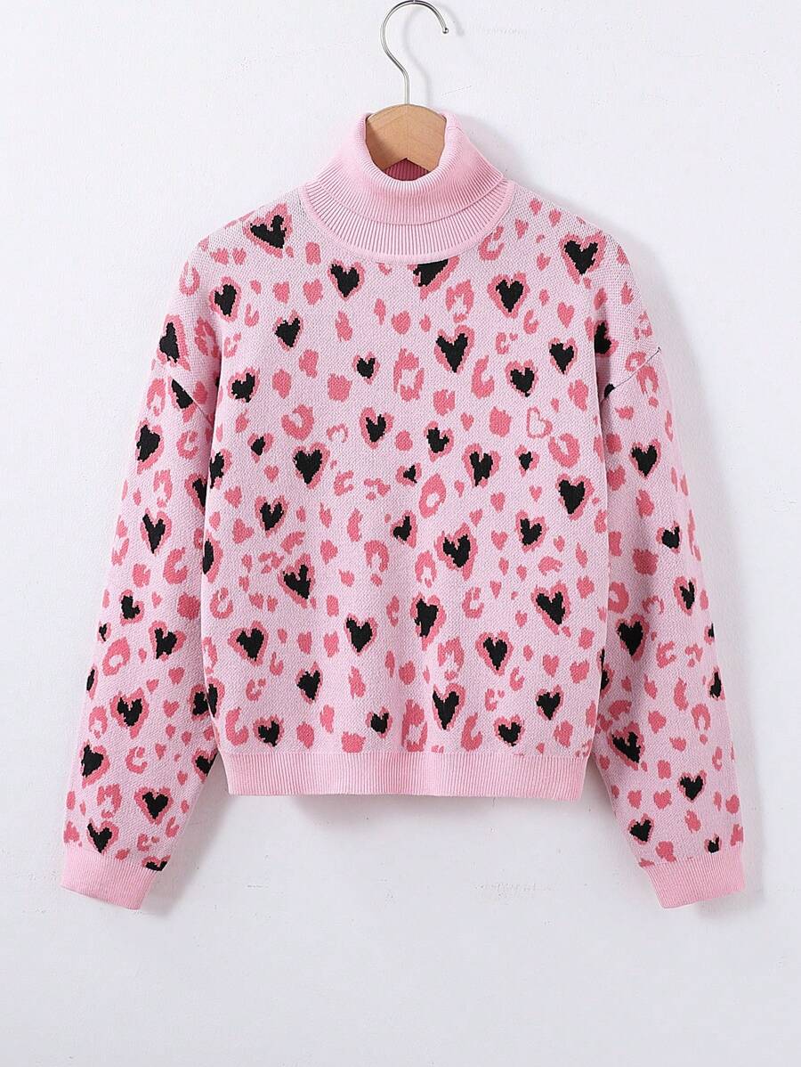 SHEIN Explorewe Tween Girls 粉色豹纹心形朋克风格毛衣,适合秋冬季节街头穿着和外出 - 彩色 - 查看 1