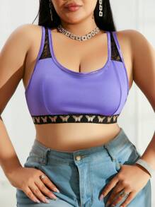 Lace Patchwork Seamless Comfortable Minimalist Plus Size Bras & Wire-Free Bras - Purple - View 3