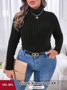 SHEIN CURVE+ Body de manga larga de cuello alto de color sólido para mujer de talla grande