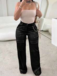 Pantalones casuales de mujer con bolsillos cargo y cintura elástica - Negro - Ver 3