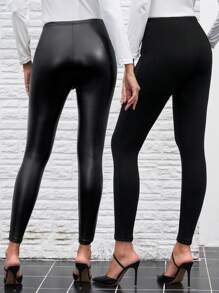 SHEIN Clasi PU Velvet And Solid Velvet Leggings - Suitable As Base Layer For Autumn/Winter - Black - View 12