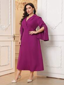 Modelyn 大码优雅高贵仿珍珠串珠开衩宽松连衣裙 - 紫羅蘭色 - 查看 5