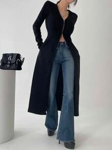 DAZY Women V-Neck Zipper Front Long Sleeve T-Shirt, Solid Color, Spring/Summer/Autumn,Fall Women Clothes - Black - View 1