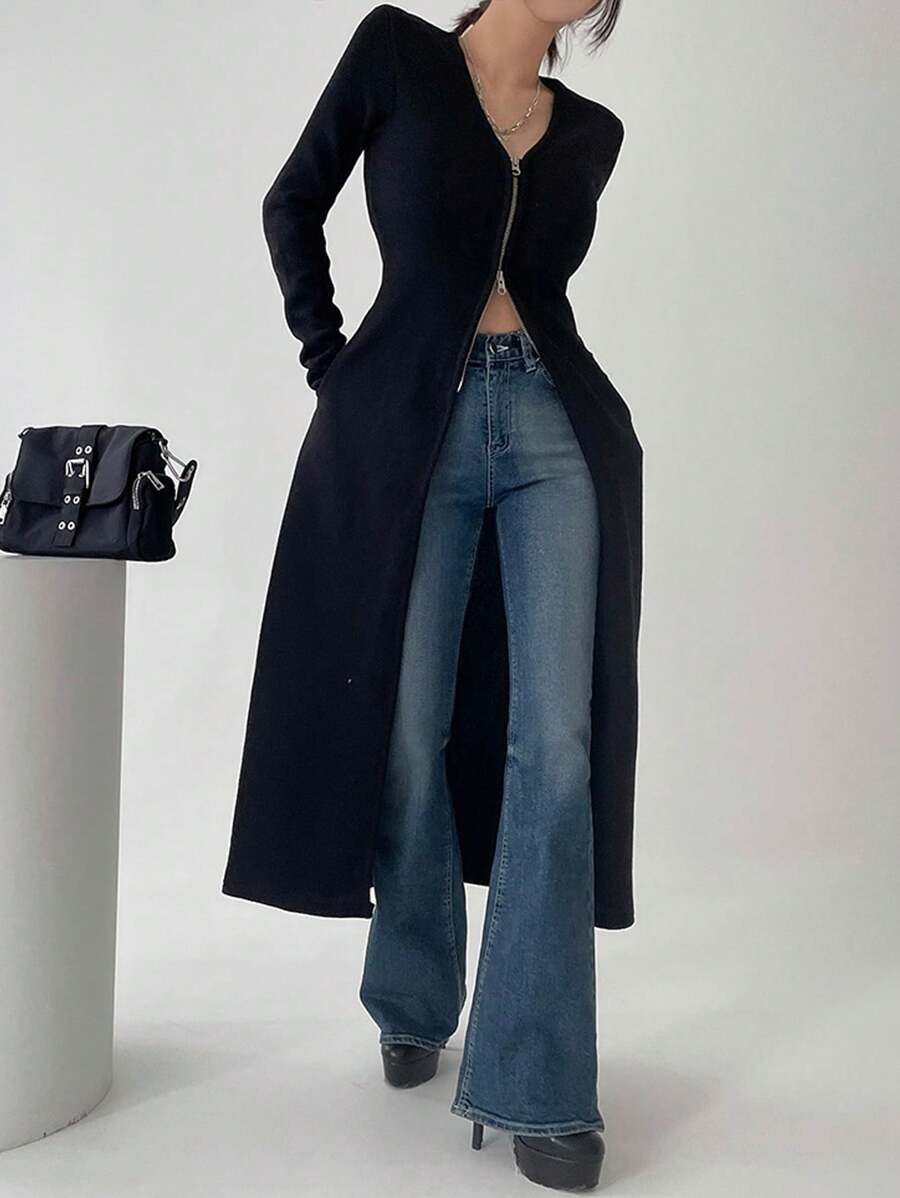 DAZY Women V-Neck Zipper Front Long Sleeve T-Shirt, Solid Color, Spring/Summer/Autumn,Fall Women Clothes - Black - View 1