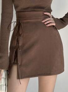 DAZY Women Solid Color Tie-Up Fitted Skirt - Brown - View 1