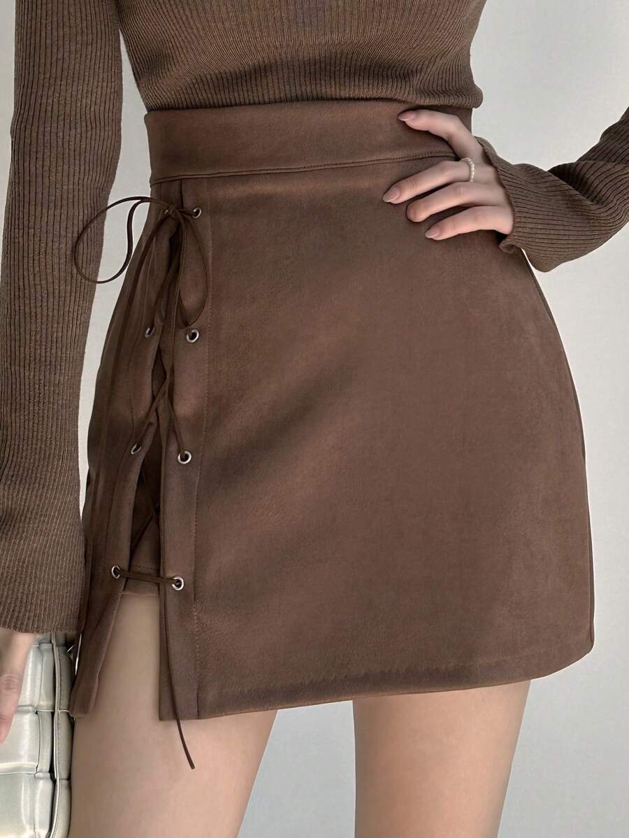 DAZY Women Solid Color Tie-Up Fitted Skirt - Brown - View 1