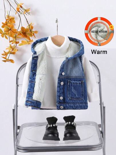 SHEIN Baby Girls Denim Blue Sleeveless Hooded Vest With Thermal Lined , Look Like Thermal Lined Jeans Autumn/Winter,Baby Girl Fall And Winter Clothes