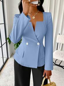 SOLERSUN Solid Color Square Neck Double Breasted Flap Detail Blazer Fall Cloth For Women - Baby Blue - View 5