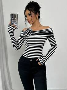 Chiquease Elegant Striped Black & White Off-Shoulder Long Sleeve 3D Floral Top T-Shirt Graphic Tees Women Tops For Spring - Black and White - View 5