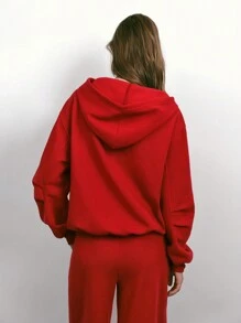 Maija 女士新款秋冬大红色都市现代日常休闲优雅手臂褶皱连帽拉链运动衫适合度假保暖内衬节日温暖圣诞节和新年 - 紅色 - 查看 1