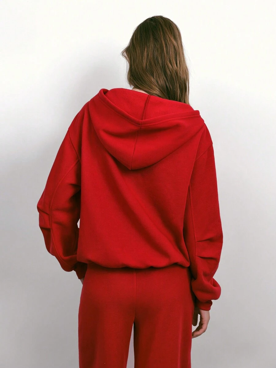 Maija 女士新款秋冬大红色都市现代日常休闲优雅手臂褶皱连帽拉链运动衫适合度假保暖内衬节日温暖圣诞节和新年 - 紅色 - 查看 1