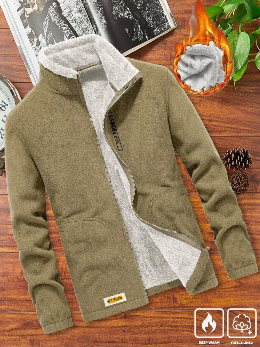 Manfinity Homme 宽松版型男式字母拼接细节泰迪熊衬里羊毛夹克 - 卡其色 - 查看 1